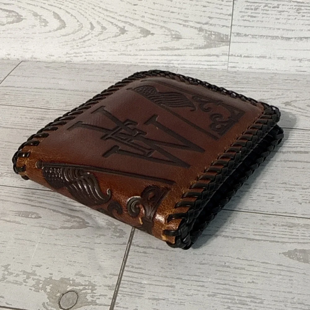 VTG Bifold Leather Wallet Hand Tooled Whipstitch USA Made VFW Veteran Military